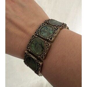 Vintage Silver Tone Metal ABALONE SHELL Stretch Panel Bracelet